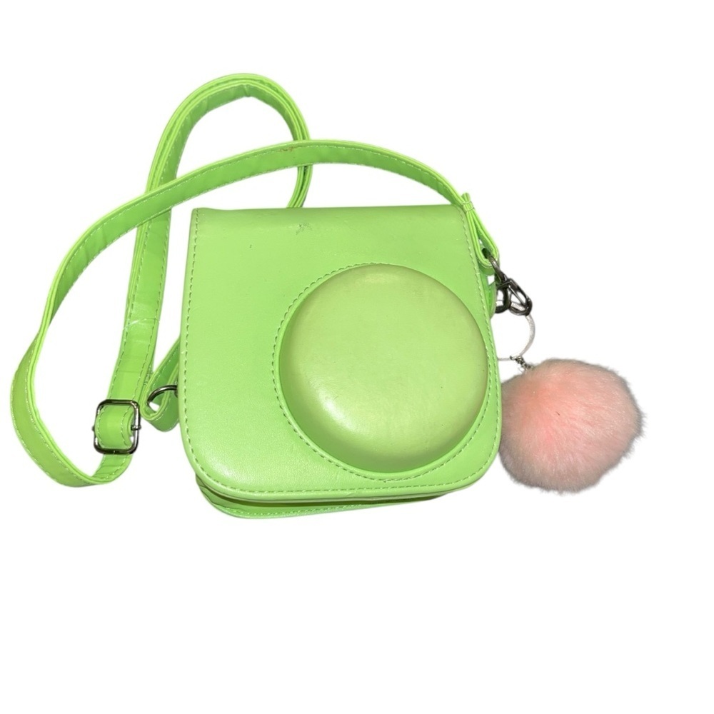 Fuji instax mini instant camera case bag lime green pink puff ball